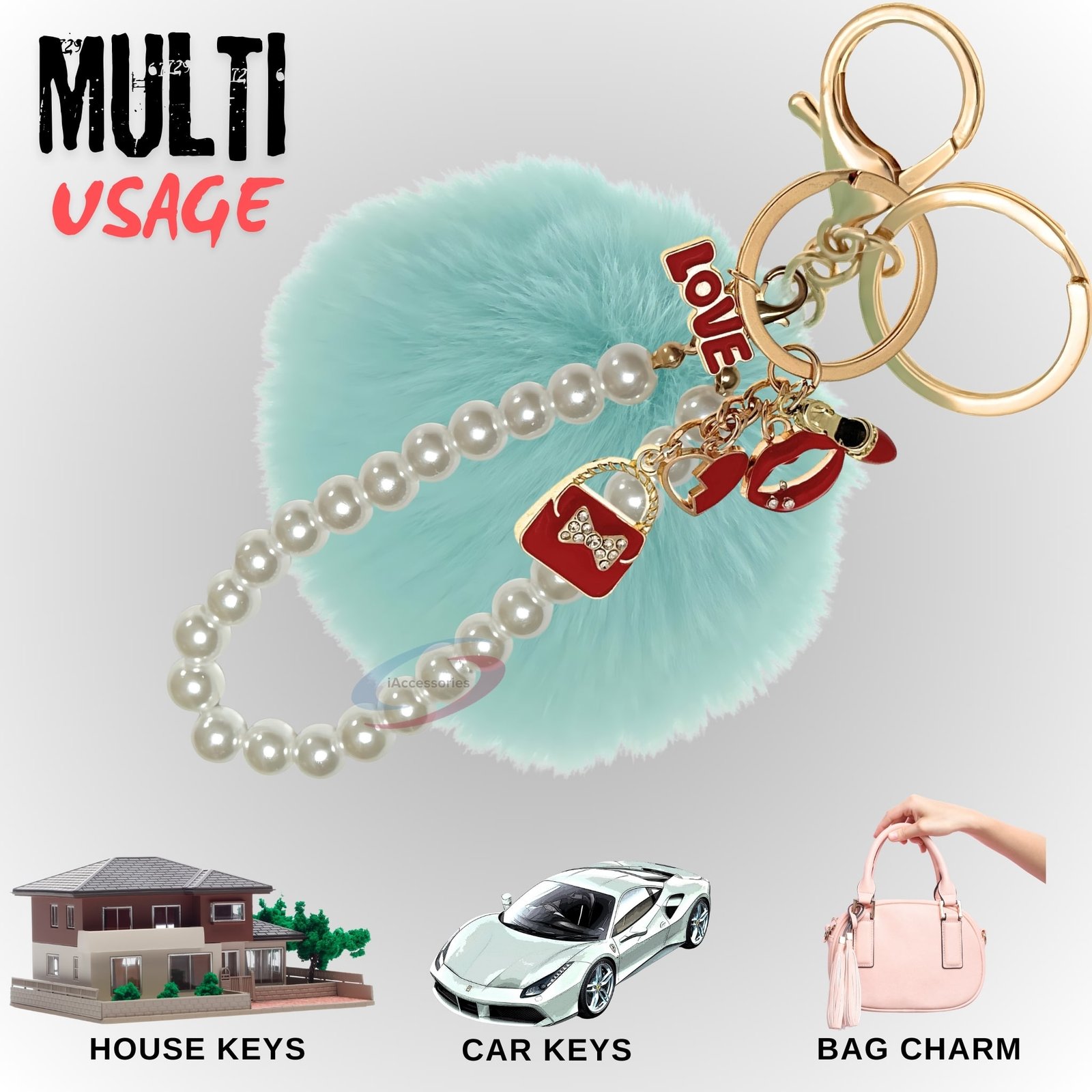 iAccessories Fluffy Faux Fur Pearl Fashion Pom Pom Keychain Charm for Girls Bags, Wallets and Luggage – Mint Green-5