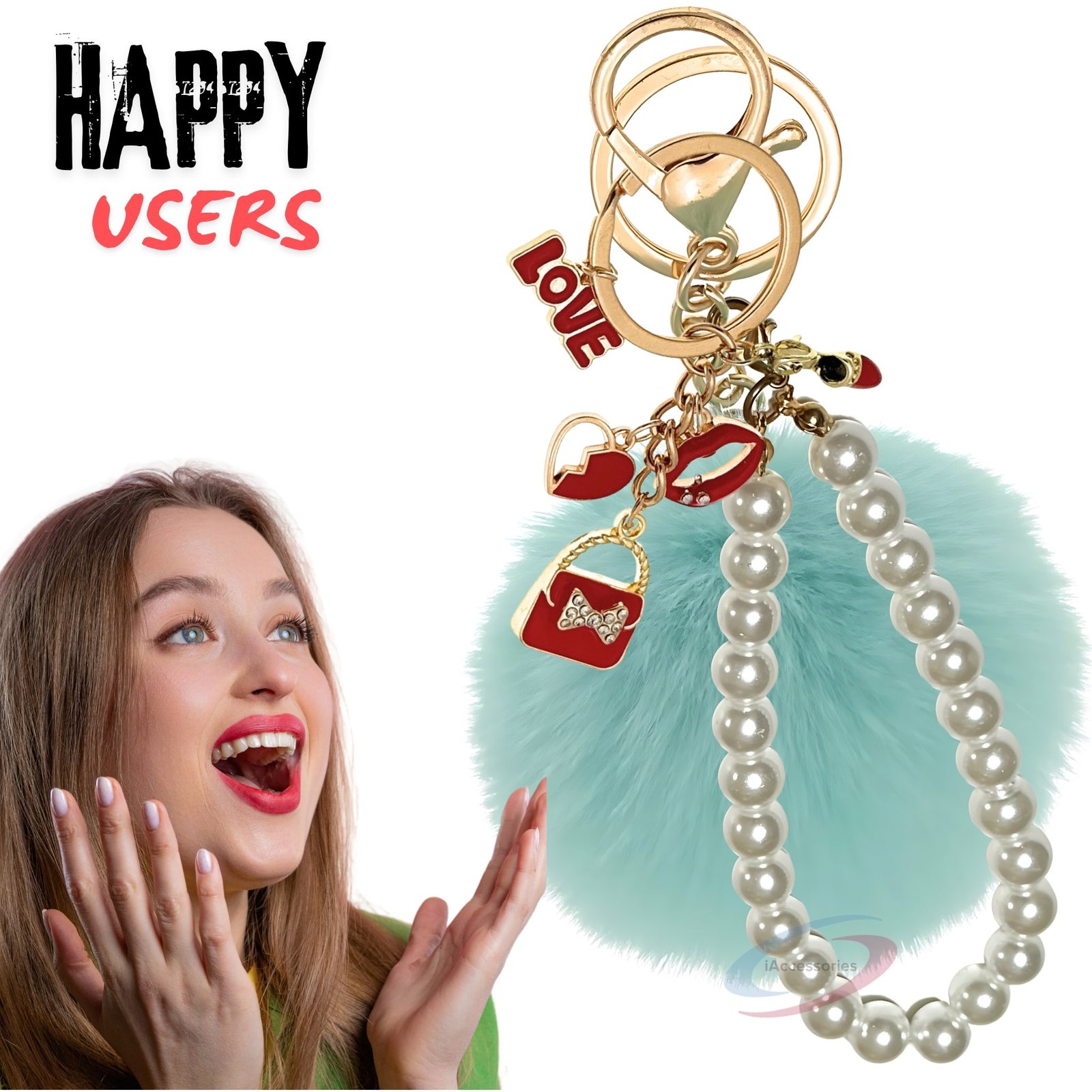iAccessories Fluffy Faux Fur Pearl Fashion Pom Pom Keychain Charm for Girls Bags, Wallets and Luggage – Mint Green-7