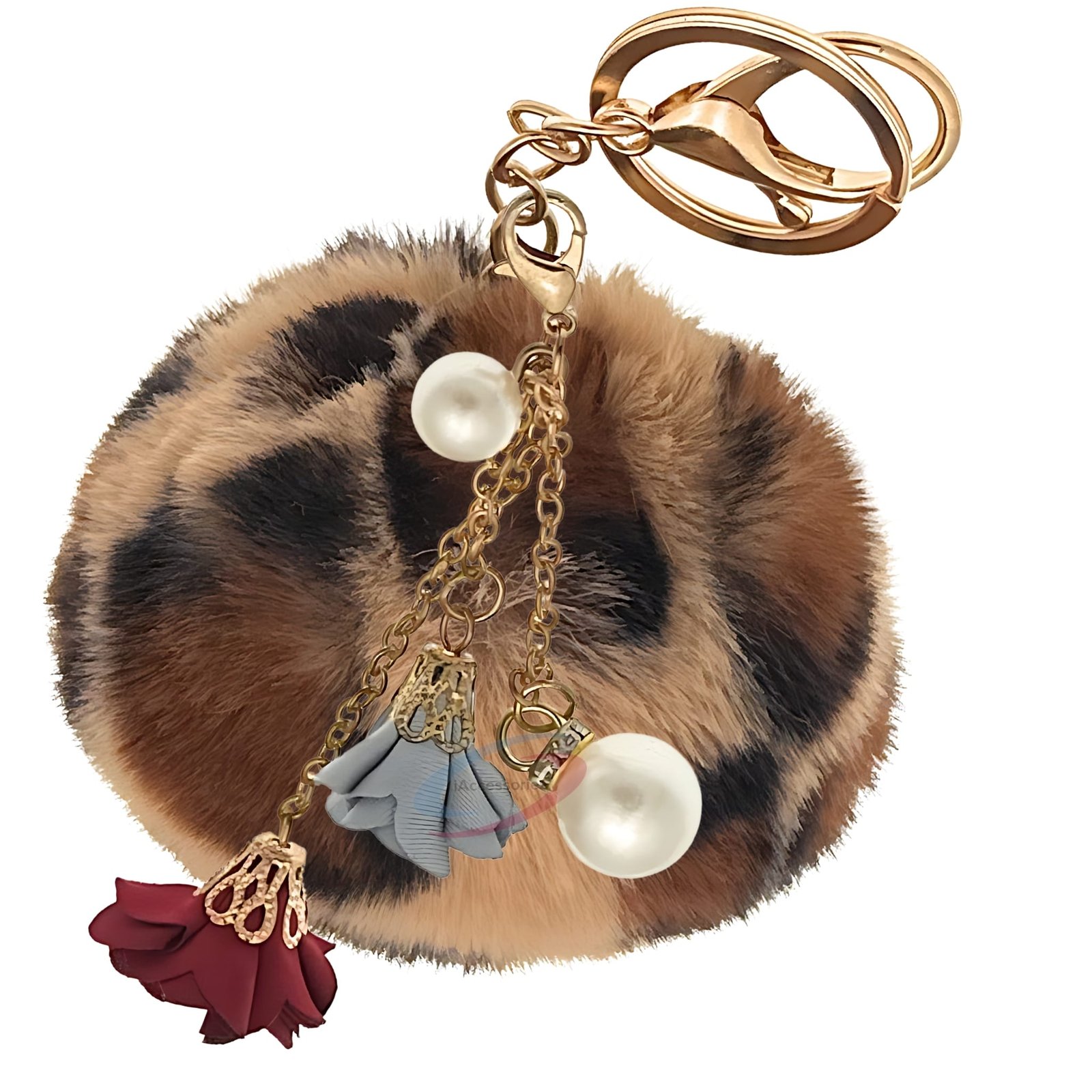 iAccessories Fluffy Faux Fur Pearl Roses Pom Pom Ball Keychain Charm for Girls Bags, Cars, Bikes, Scooty, Home Keys Brown Lepo-1
