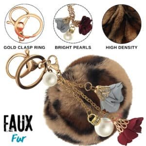 Brown Lepo Faux Fur Pom Pom Key Ring with Pearls & Roses – iAccessories Bag Charm for Girls