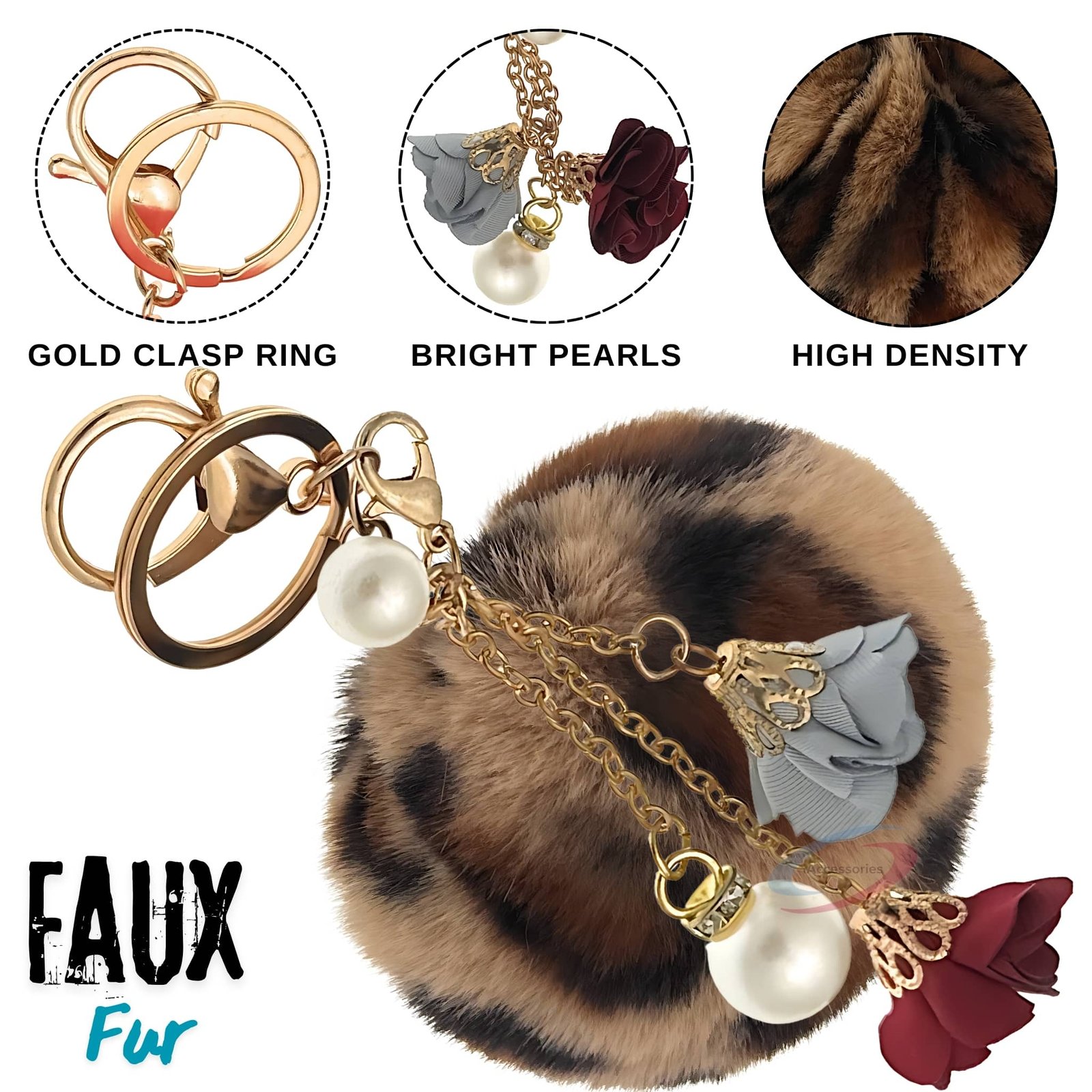 iAccessories Fluffy Faux Fur Pearl Roses Pom Pom Ball Keychain Charm for Girls Bags, Cars, Bikes, Scooty, Home Keys Brown Lepo-3