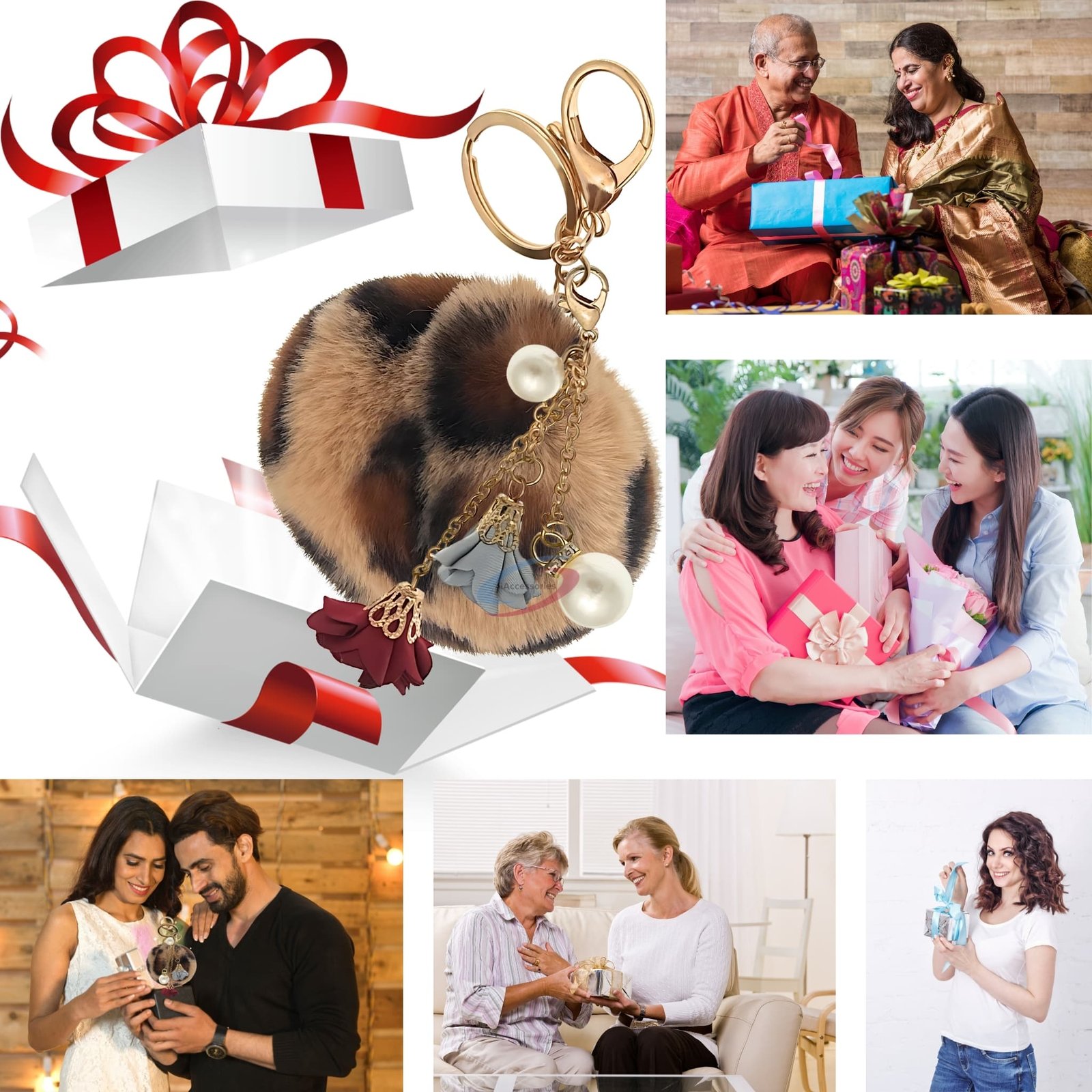 iAccessories Fluffy Faux Fur Pearl Roses Pom Pom Ball Keychain Charm for Girls Bags, Cars, Bikes, Scooty, Home Keys Brown Lepo-4