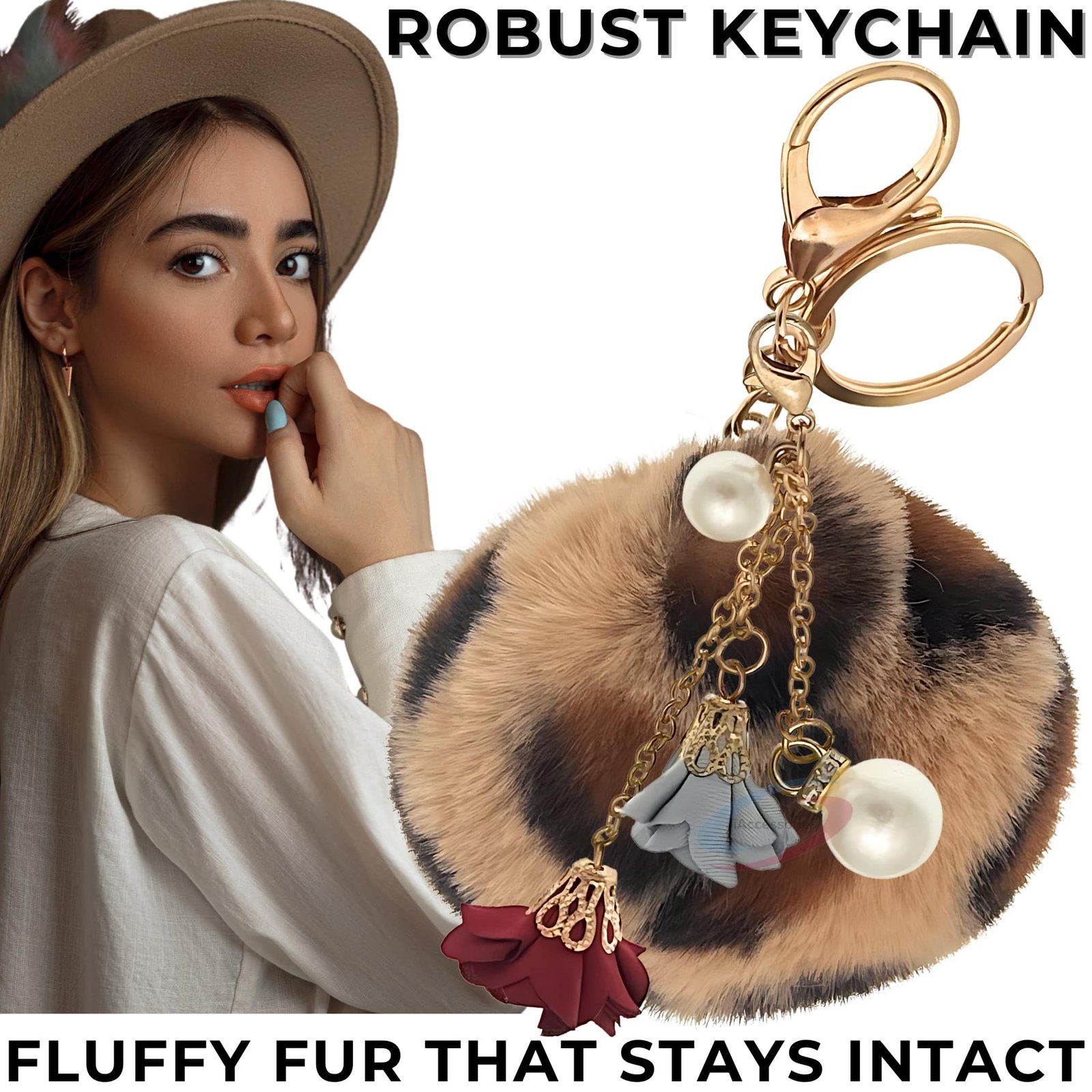iAccessories Fluffy Faux Fur Pearl Roses Pom Pom Ball Keychain Charm for Girls Bags, Cars, Bikes, Scooty, Home Keys Brown Lepo-7