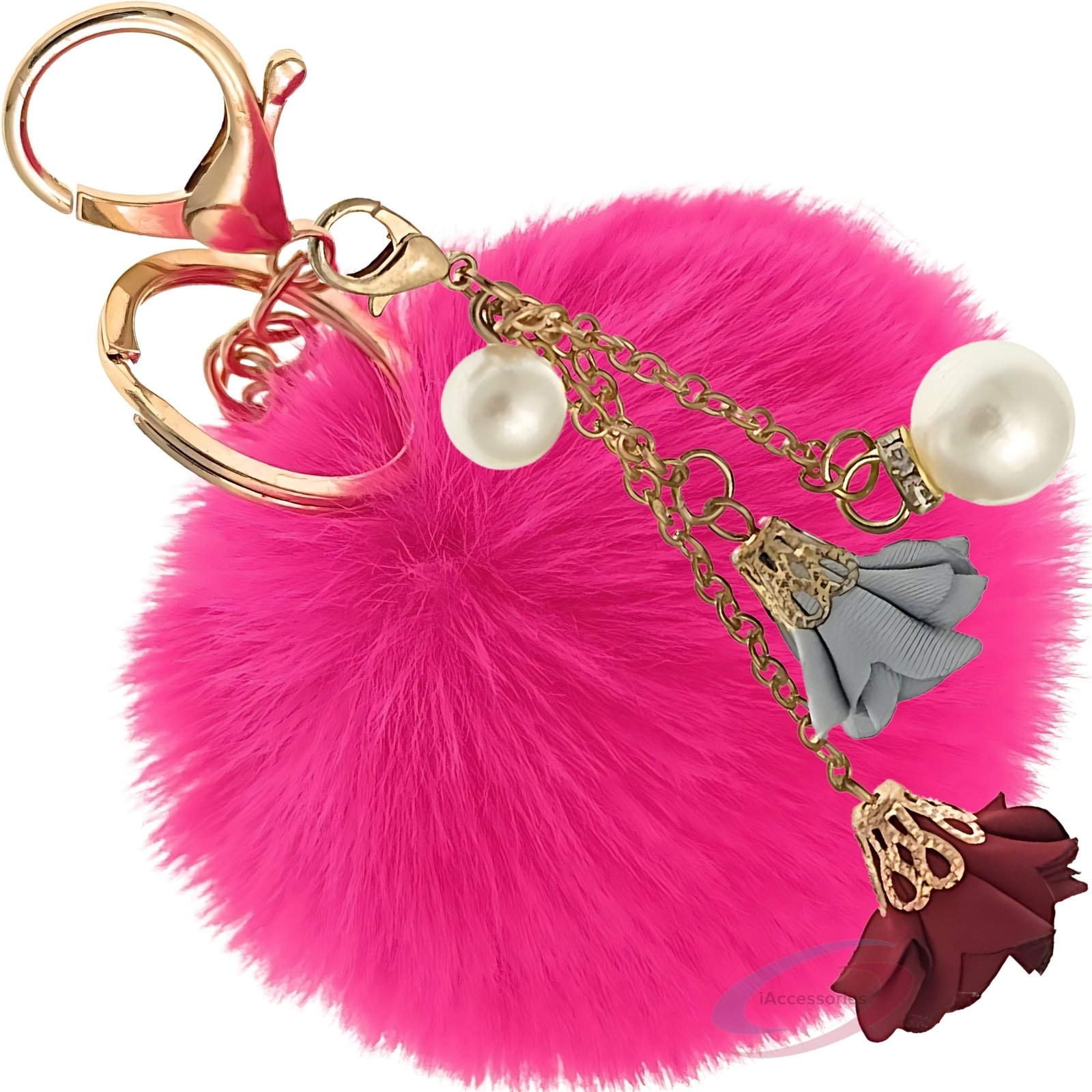 iAccessories Fluffy Faux Fur Pearl Roses Pom Pom Ball Keychain Charm for Girls Bags, Cars, Bikes, Scooty, Home Keys Hot Pink-1
