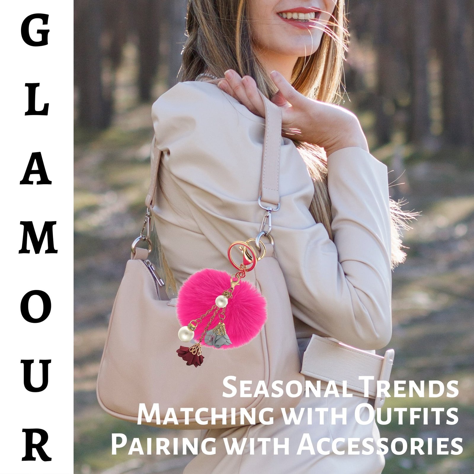 iAccessories Fluffy Faux Fur Pearl Roses Pom Pom Ball Keychain Charm for Girls Bags, Cars, Bikes, Scooty, Home Keys Hot Pink-2