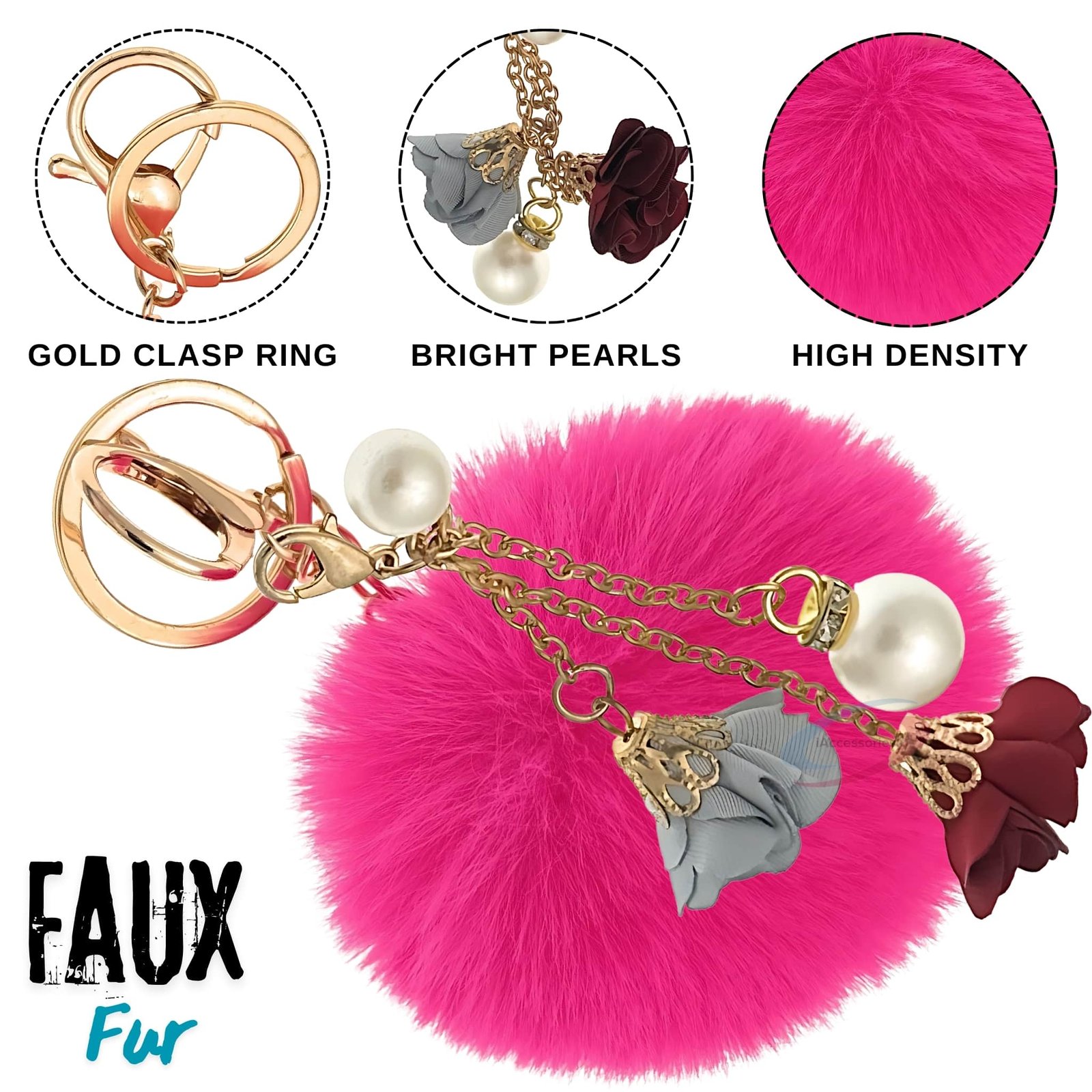 iAccessories Fluffy Faux Fur Pearl Roses Pom Pom Ball Keychain Charm for Girls Bags, Cars, Bikes, Scooty, Home Keys Hot Pink-3