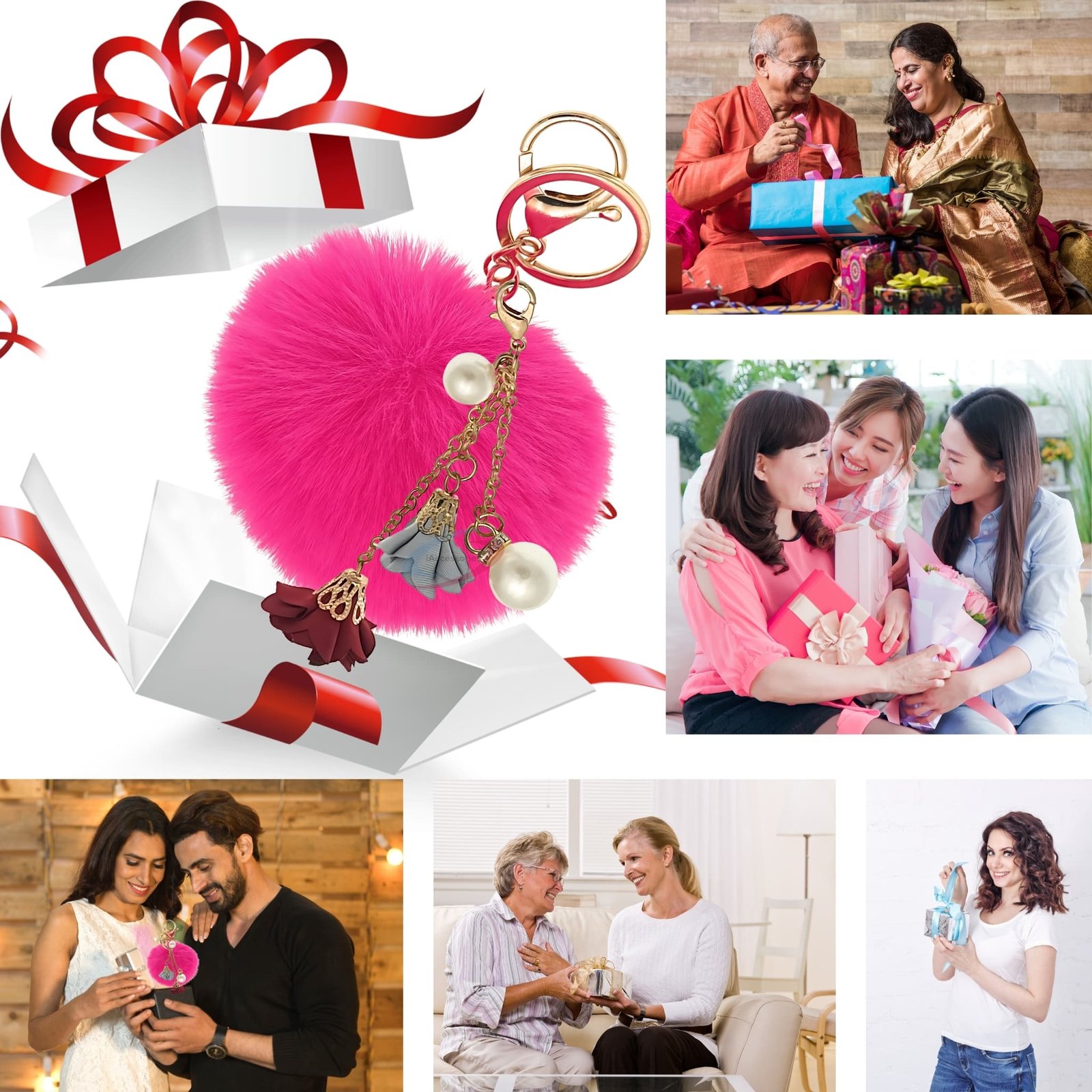 iAccessories Fluffy Faux Fur Pearl Roses Pom Pom Ball Keychain Charm for Girls Bags, Cars, Bikes, Scooty, Home Keys Hot Pink-4