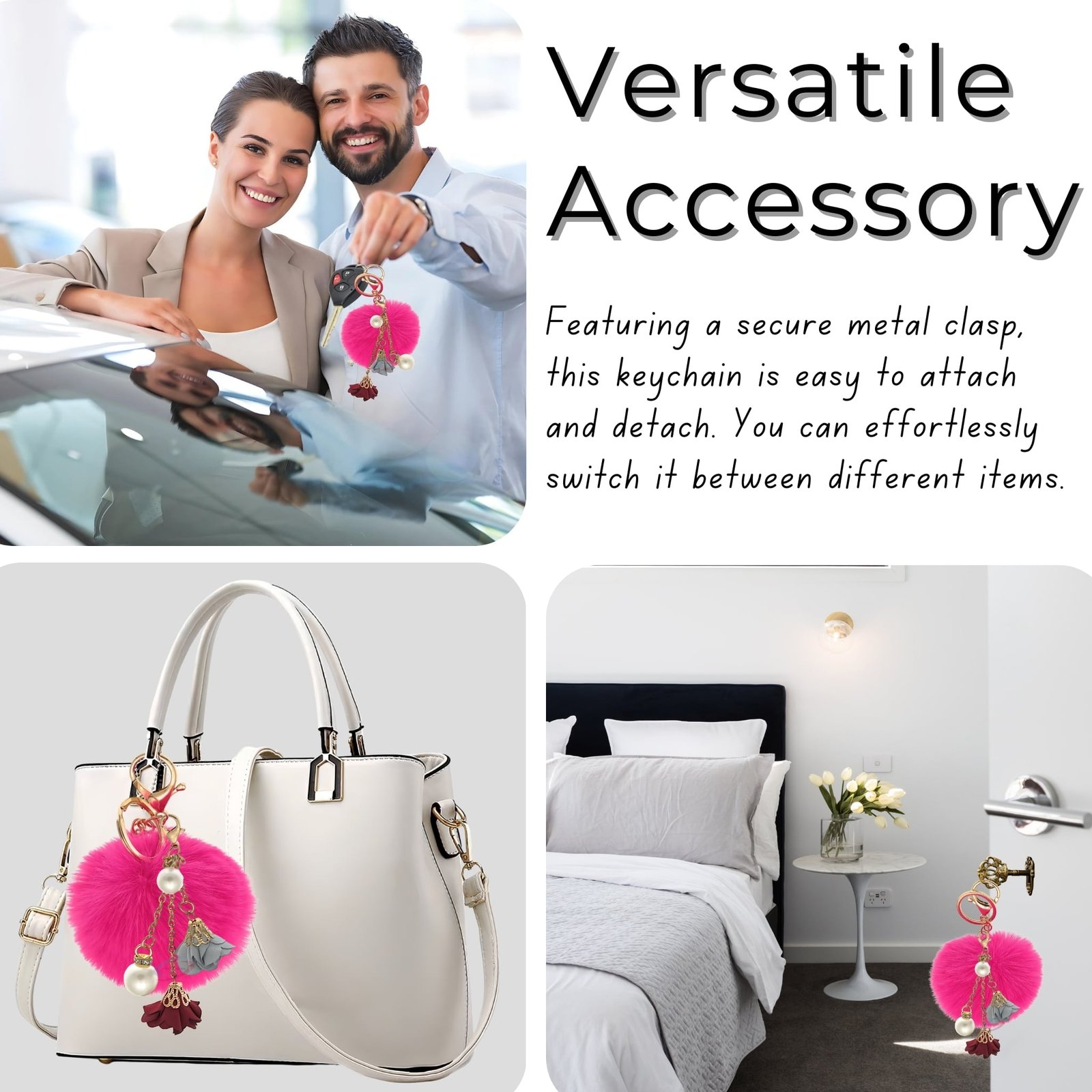 iAccessories Fluffy Faux Fur Pearl Roses Pom Pom Ball Keychain Charm for Girls Bags, Cars, Bikes, Scooty, Home Keys Hot Pink-5