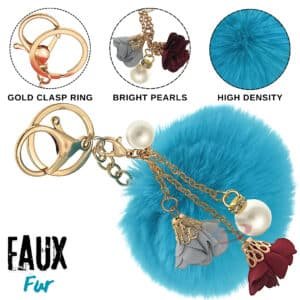 Peacock Blue Faux Fur Pearls & Roses Pom Pom Key Ring – iAccessories Premium Bag Charm