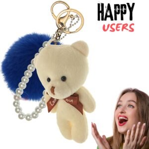DarkBlue-White Teddy Fluffy Faux Fur Pom Pom Key Ring – Pearl Charm by iAccessories