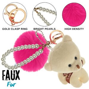 Hotpink-White Teddy Fluffy Faux Fur Pom Pom Key Ring – Pearl Charm by iAccessories