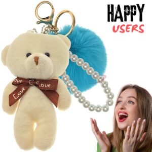 Peacock Blue-White Teddy Fluffy Faux Fur Pom Pom Key Ring – Pearl Charm by iAccessories