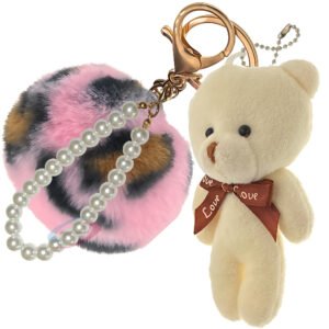 Pink Leopard-White Teddy Fluffy Pom Pom Key Ring – Pearl Charm Bag Accessory by iAccessories