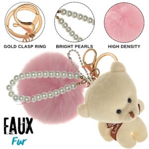 Pink-White Teddy Fluffy Faux Fur Pom Pom Key Ring – Pearl Charm by iAccessories