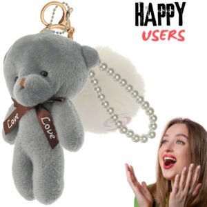 White-Grey Teddy Fluffy Faux Fur Pom Pom Key Ring – Pearl Charm Cute Bag Accessory by iAccessories