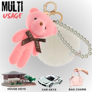 White-Pink Teddy Fluffy Faux Fur Pom Pom Key Ring – Pearl Charm Cute Bag Accessory by iAccessories
