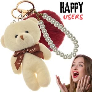 Wine Red-White Teddy Fluffy Faux Fur Pom Pom Key Ring – Pearl Teddy Charm by iAccessories