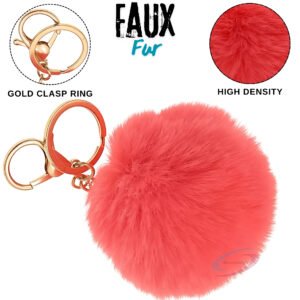 Coral Fluffy Faux Fur Pom Pom Ball Key Ring – Cute Bag Charm by iAccessories