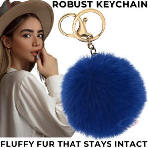 Dark Blue Fluffy Faux Fur Pom Pom Ball Key Ring – Stylish Bag Charm by iAccessories