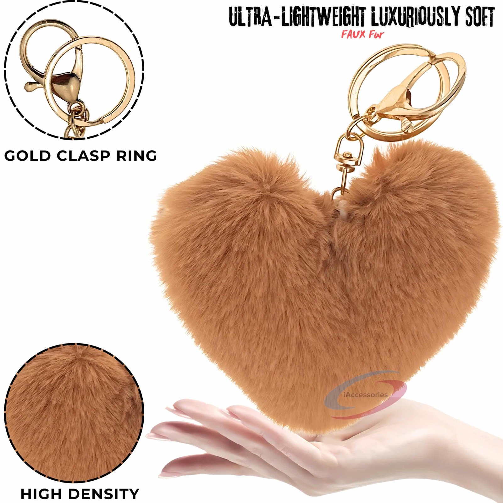 iAccessories Fluffy Faux Fur Pom Pom Heart Key Ring Keychain Charm for Girls Bags, Wallets and Luggage – Brown-3