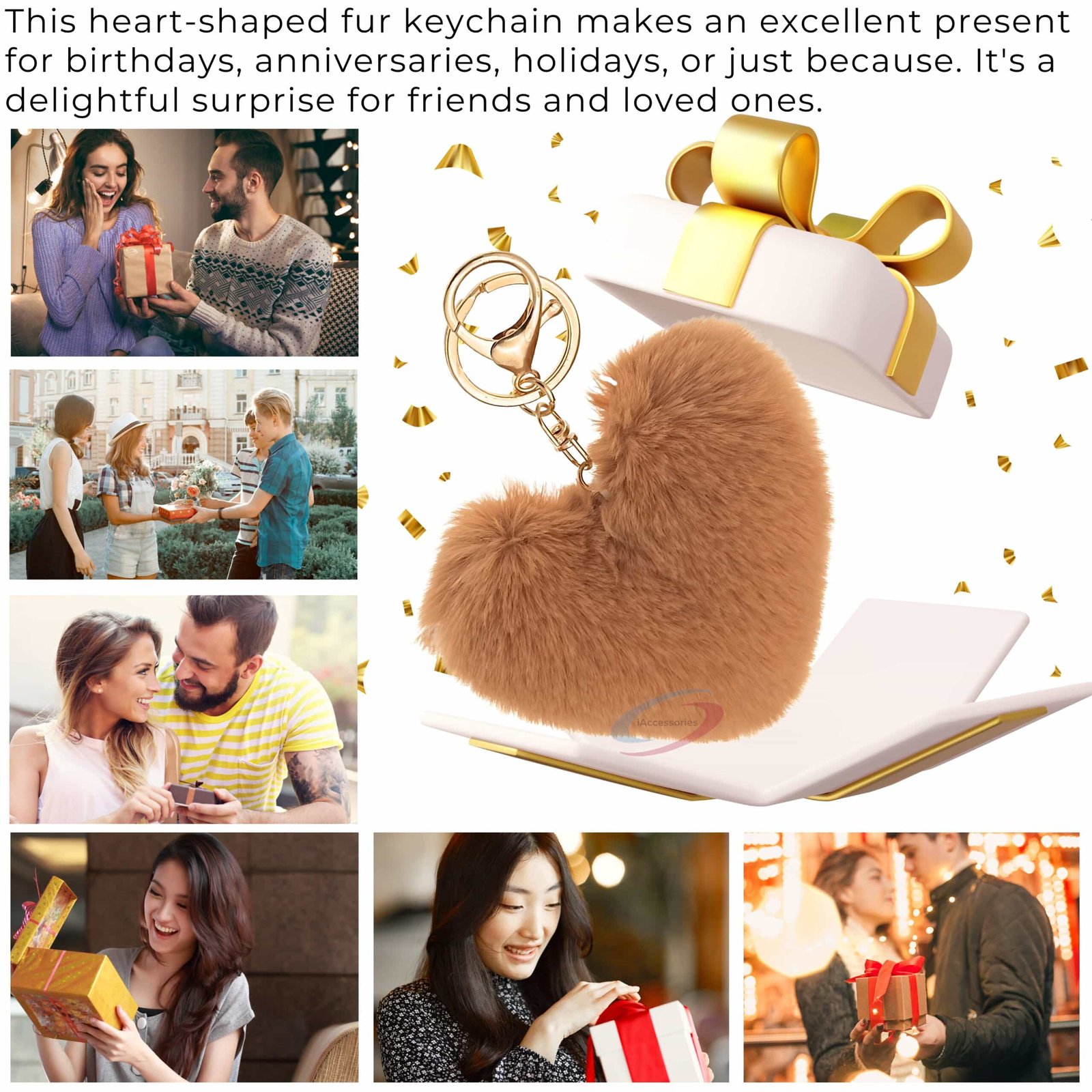 iAccessories Fluffy Faux Fur Pom Pom Heart Key Ring Keychain Charm for Girls Bags, Wallets and Luggage – Brown-4