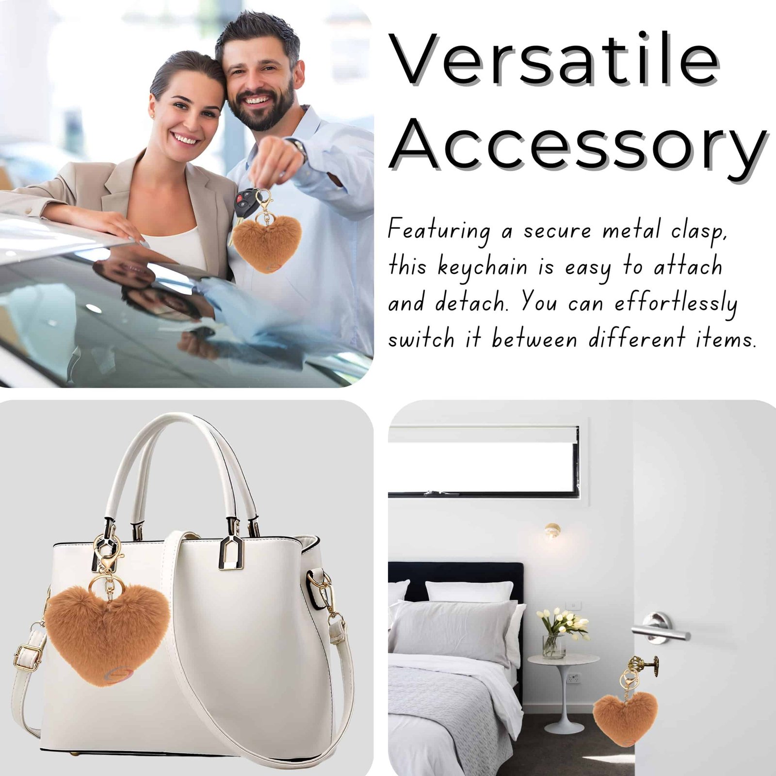 iAccessories Fluffy Faux Fur Pom Pom Heart Key Ring Keychain Charm for Girls Bags, Wallets and Luggage – Brown-5