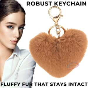 iAccessories Fluffy Faux Fur Pom Pom Heart Key Ring  Keychain Charm for Girls Bags, Wallets and Luggage - Brown