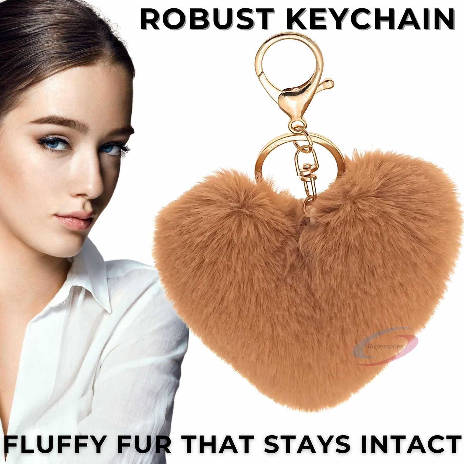iAccessories Fluffy Faux Fur Pom Pom Heart Key Ring Keychain Charm for Girls Bags, Wallets and Luggage - Brown-6
