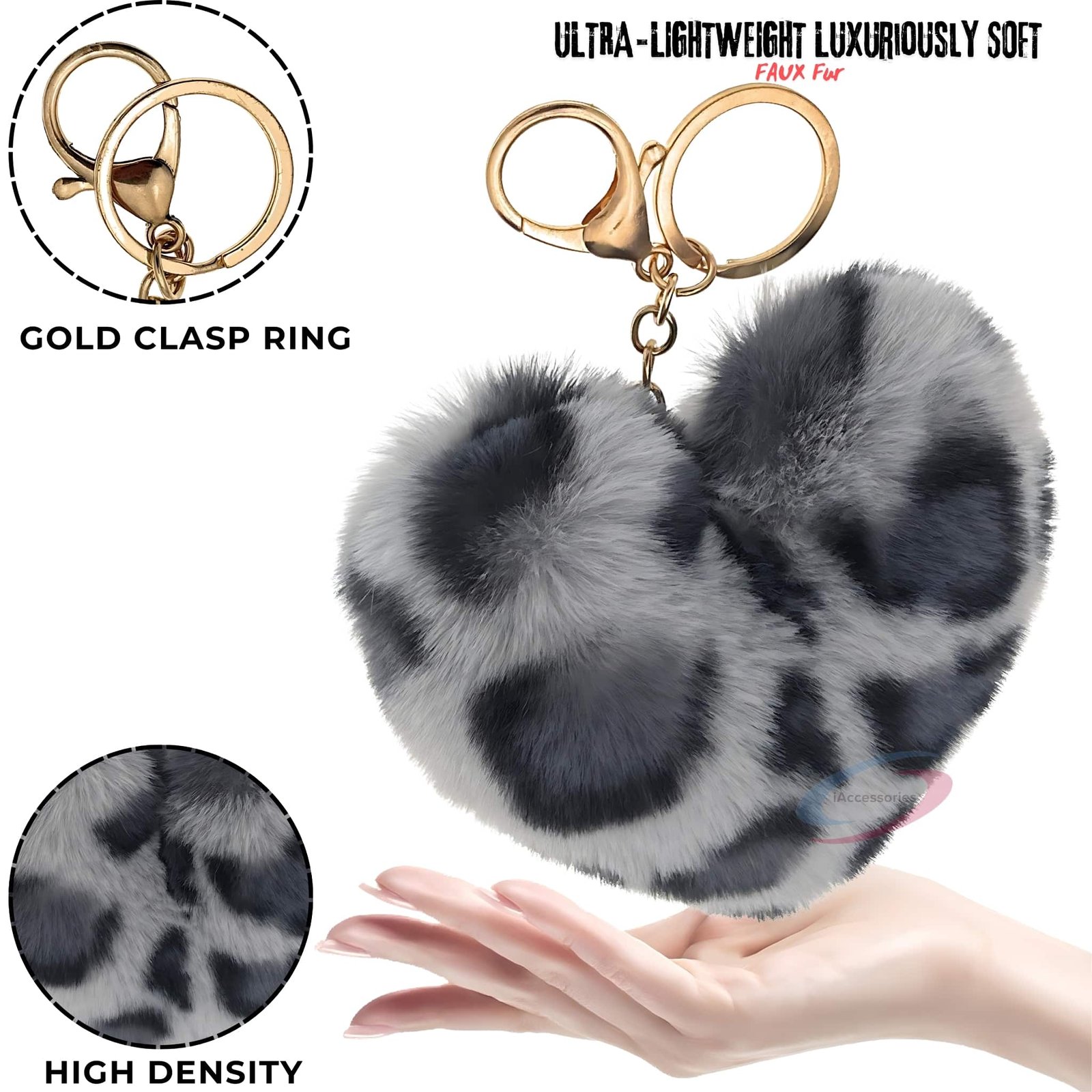 iAccessories Fluffy Faux Fur Pom Pom Heart Key Ring Keychain Charm for Girls Bags, Wallets and Luggage – Grey Lepo-3