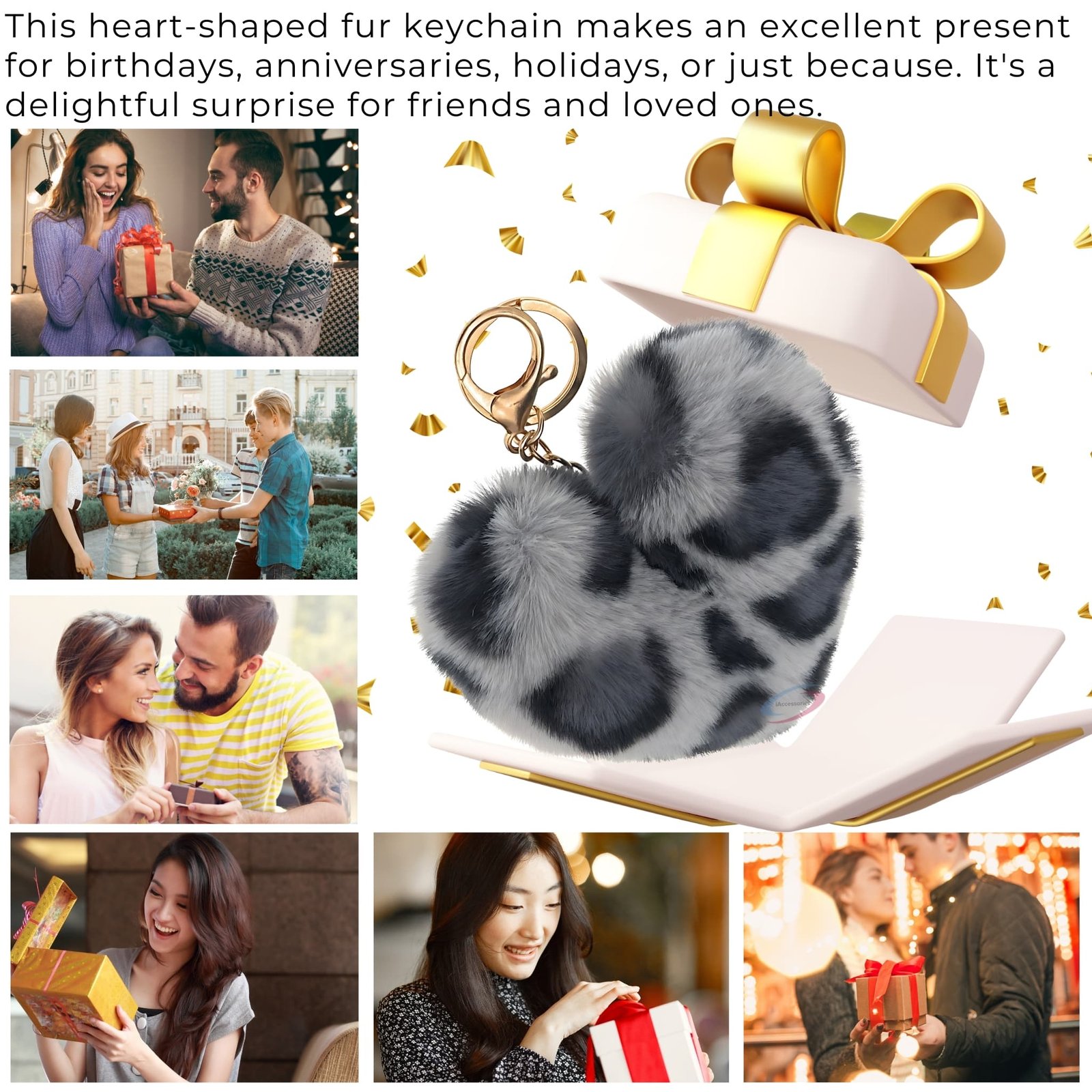 iAccessories Fluffy Faux Fur Pom Pom Heart Key Ring Keychain Charm for Girls Bags, Wallets and Luggage – Grey Lepo-4