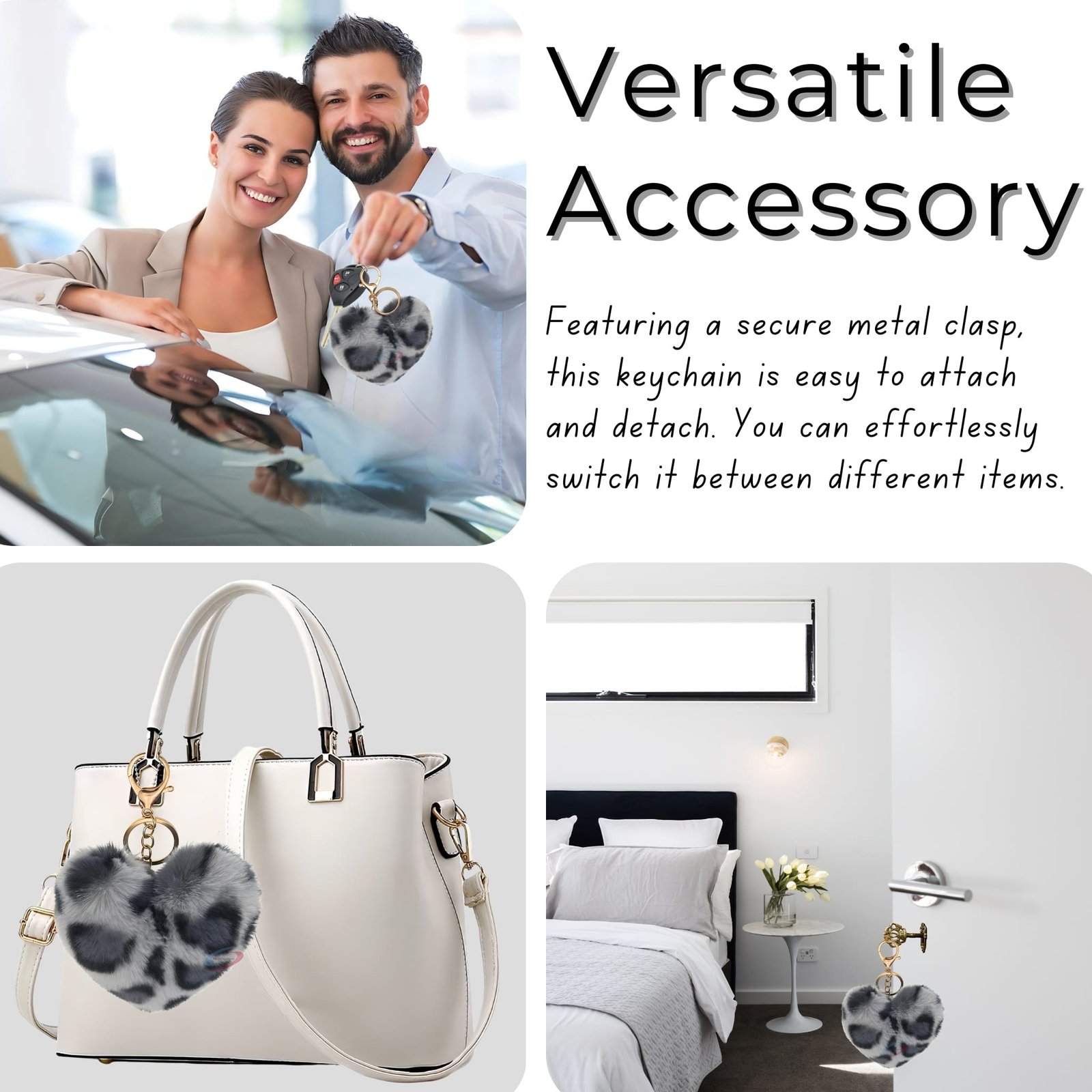 iAccessories Fluffy Faux Fur Pom Pom Heart Key Ring Keychain Charm for Girls Bags, Wallets and Luggage – Grey Lepo-5