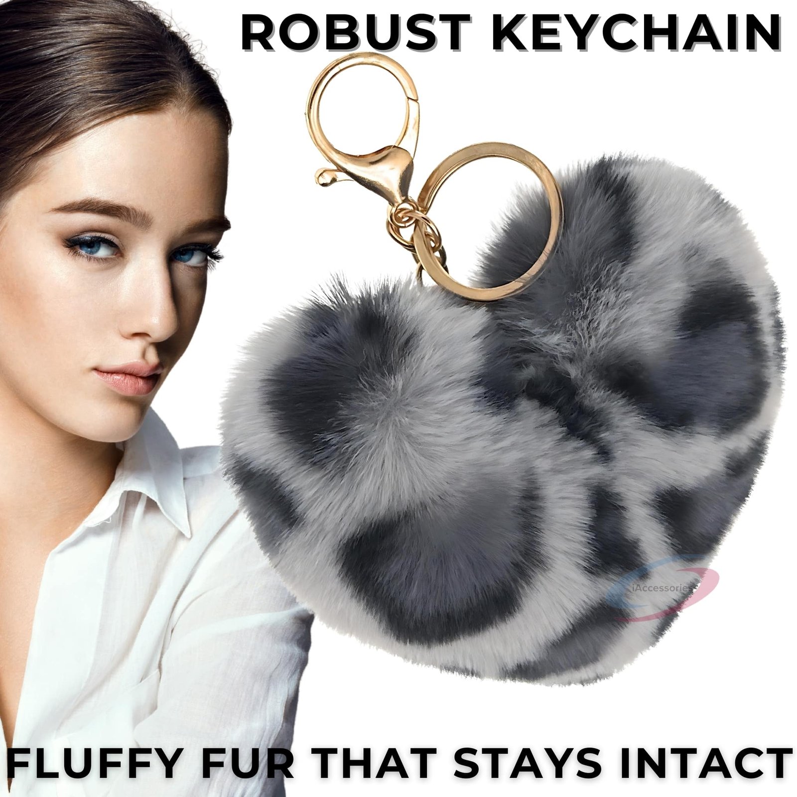 iAccessories Fluffy Faux Fur Pom Pom Heart Key Ring Keychain Charm for Girls Bags, Wallets and Luggage - Grey Lepo-6