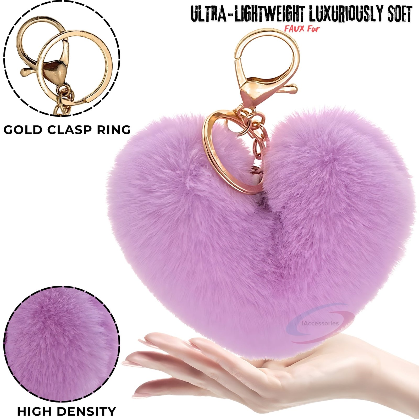 iAccessories Fluffy Faux Fur Pom Pom Heart Key Ring Keychain Charm for Girls Bags, Wallets and Luggage – Light Purple-3