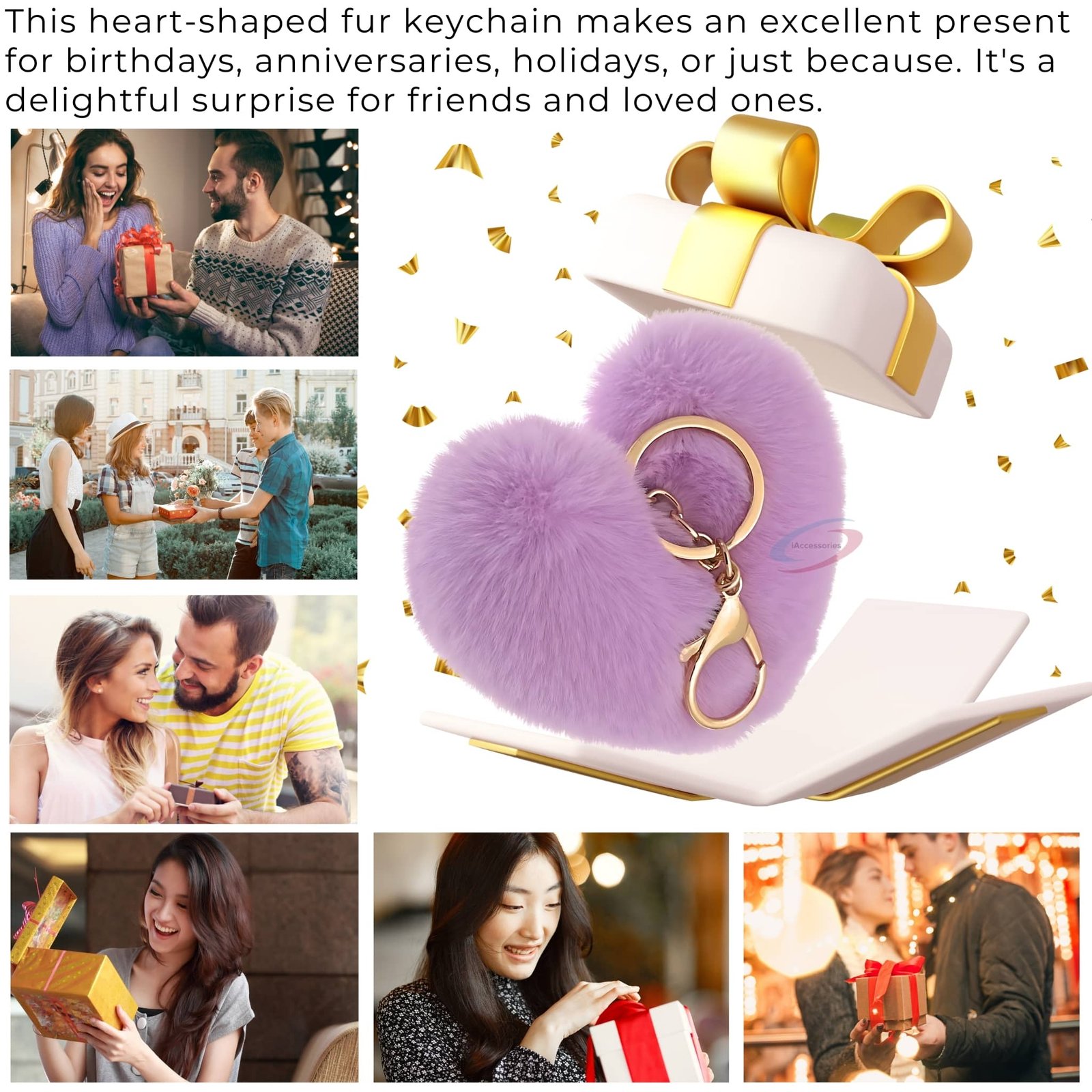 iAccessories Fluffy Faux Fur Pom Pom Heart Key Ring Keychain Charm for Girls Bags, Wallets and Luggage – Light Purple-4