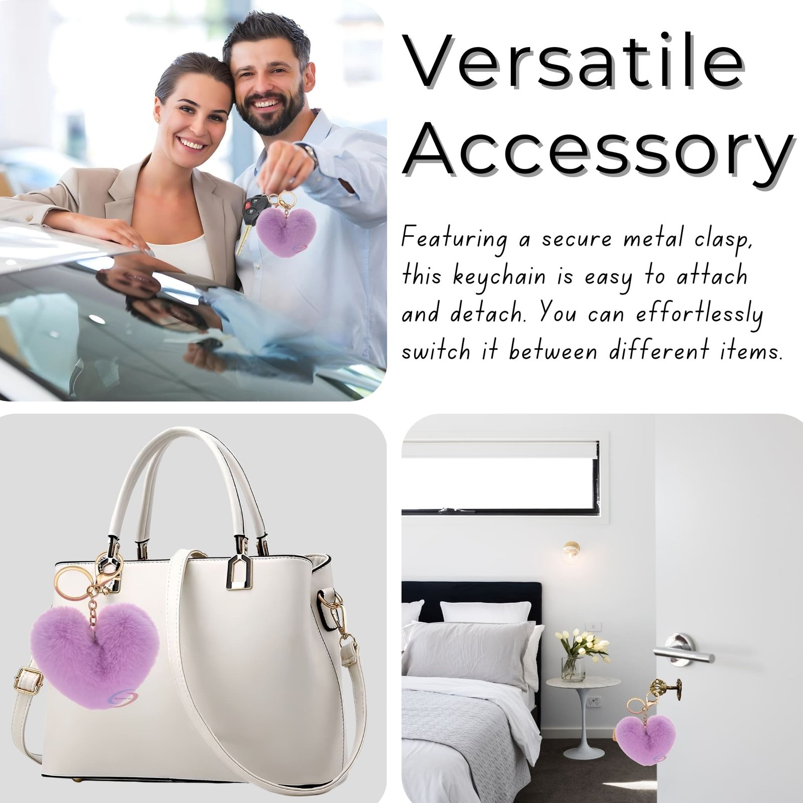 iAccessories Fluffy Faux Fur Pom Pom Heart Key Ring Keychain Charm for Girls Bags, Wallets and Luggage – Light Purple-5