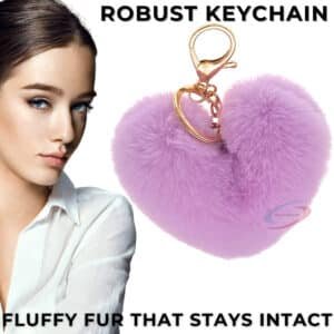 Light Purple Heart Fluffy Faux Fur Pom Pom Key Ring – Cute Bag Charm