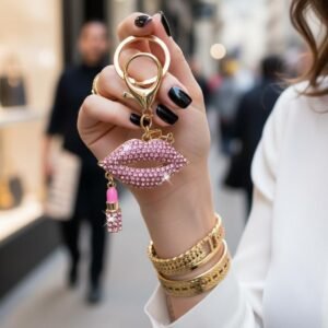 iAccessories Pink Bling Crystal Lips & Lipstick Keychain – Stylish Bag Pendant Charm for Girls & Women