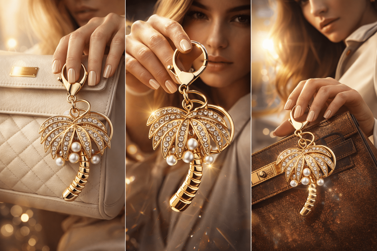 Crystal Palm Tree Keychain Gold Tone with Rhinestones and Pearl Accent