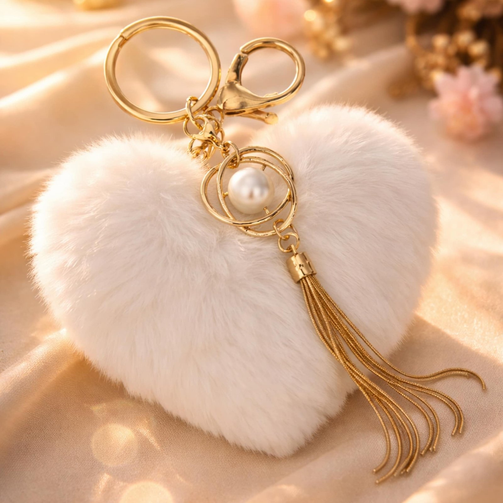 White Faux Fur Pom Pom Pearl Tassel Keychain