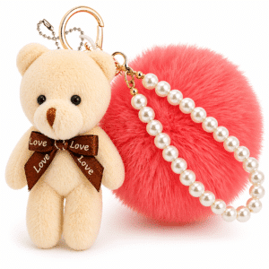 Coral & White Teddy Fluffy Pom Pom Key Ring – iAccessories Pearl Bag Charm for Girls