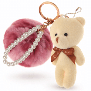 Rose Pink Leopard-White Teddy Fluffy Faux Fur Pom Pom Key Ring – Pearl Charm