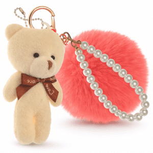 Coral & White Teddy Fluffy Pom Pom Key Ring – iAccessories Pearl Bag Charm for Girls
