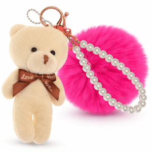 Hot Pink-White Teddy Fluffy Faux Fur Pom Pom Key Ring | Pearl Charm