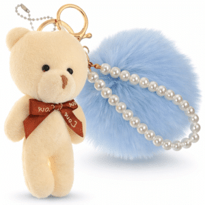 Light Blue & White Teddy Pom Pom Key Ring – iAccessories Fluffy Faux Fur Pearl Keychain for Girls