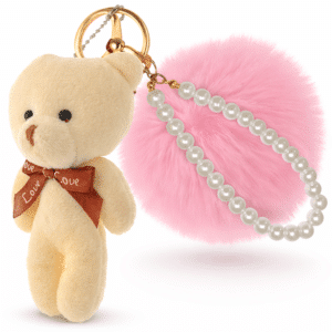 Pink-White Teddy Fluffy Faux Fur Pom Pom Key Ring | Pearl Charm