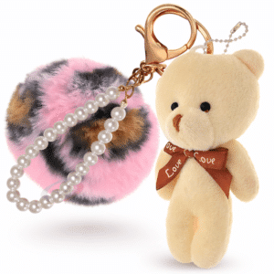 Pink Leopard-White Teddy Fluffy Pom Pom Key Ring – Pearl Charm Bag Accessory