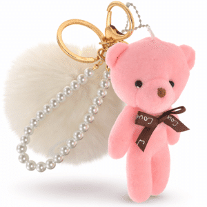 White-Pink Teddy Fluffy Faux Fur Pom Pom Key Ring – Pearl Charm Cute Bag Accessory