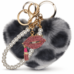 iAccessories Faux Fur Heart Keychain with Pearl & Diamond Lips Charm – Grey Lepo | Cute Bag & Key Accessory