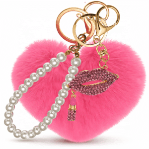 Hot Pink Fluffy Faux Fur Heart Pom Pom Keychain with Pearl & Diamond Lips – iAccessories Bag Charm for Girls