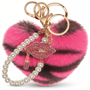 iAccessories Fluffy Faux Fur Heart Keychain with Pearl & Diamond Lips Charm – Hot Pink Lepo | Cute Bag Accessory for Girls